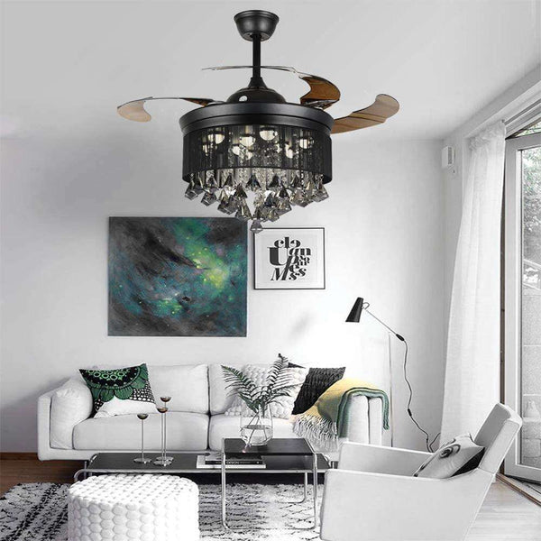 42inch Modern Ceiling Fan with Light Crystal Black Chandelier Remote Retractable Amber Blades Ceiling Fans Lighting Fixture - Simply Light Fixtures