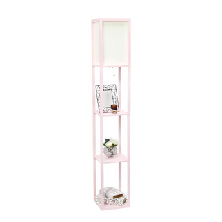 Simple Designs Floor Lamp Etagere Organizer Storage Shelf with Linen Shade, Light Pink
