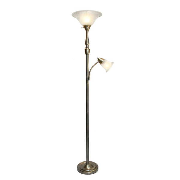 Elegant Designs 2 Light Mother Daughter Floor Lamp with White Marble Glass, Antique Brass