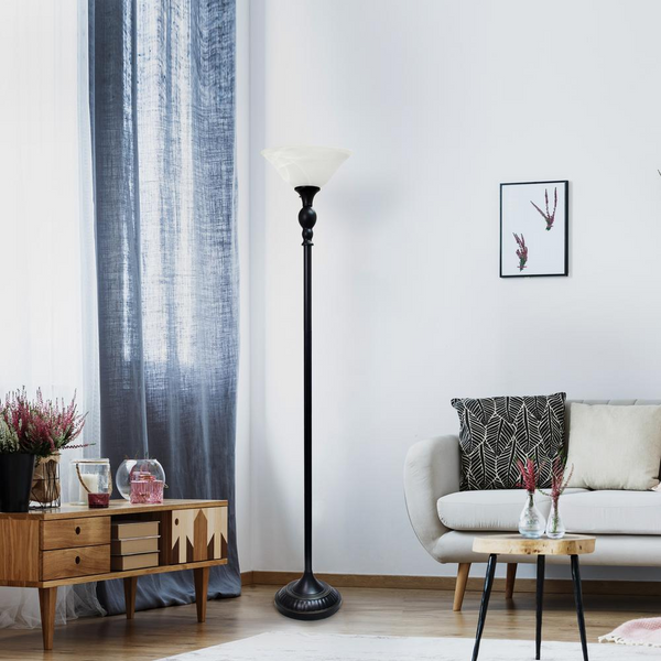 Elegant Designs 1 Light Torchiere Floor Lamp with Marbelized White Glass Shade, Restoration Bronze and White