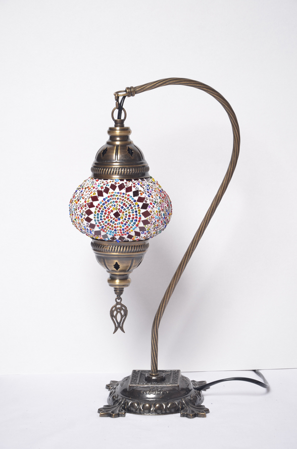 Turkish Swan Neck Mosaic Glass Handmade Decorative Table Lamps - Multicolor Center Circle - Unique Custom Moroccan Lamp Shades