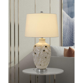 150W Leland Creamic Table Lamp With Leaf Design And Taper Drum Hardback Fabric Shade
