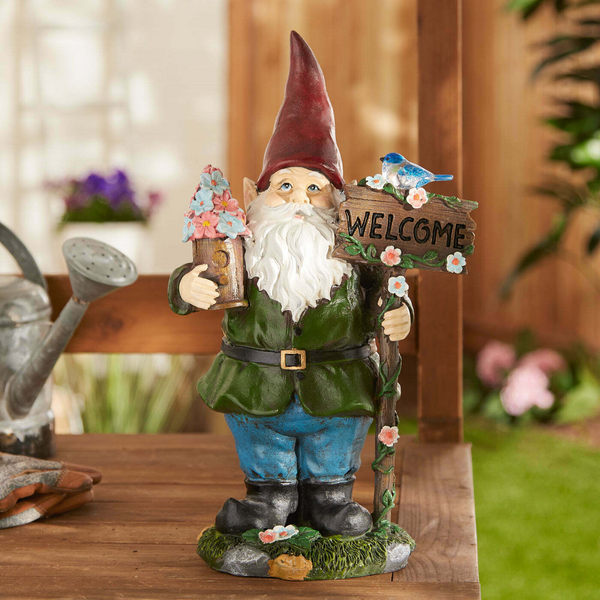 Solar Welcome Gnome with Light-Up Bluebird