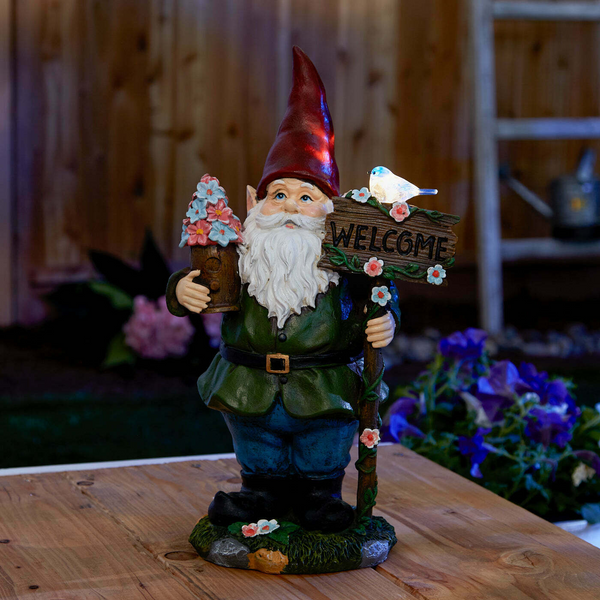 Solar Welcome Gnome with Light-Up Bluebird