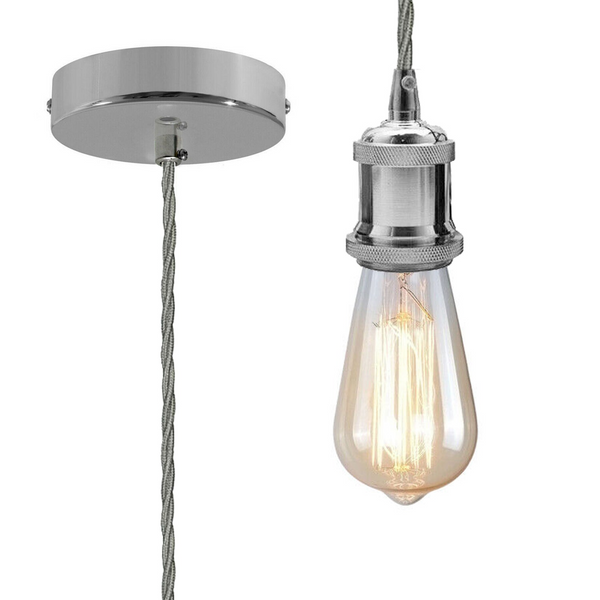Vintage Chrome Metal Ceiling Fitting Grey Twisted Braided Flex 2m E27 Lamp Holder Pendant Light~3823