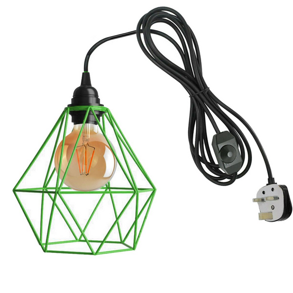 Black Dimmer Switch Plug In Pendant Light Green Diamond cage ~1867