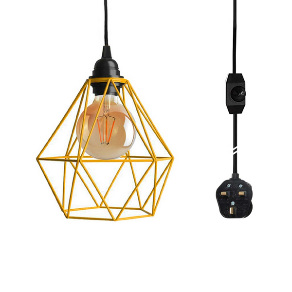 Dimmer Switch Plug In Pendant Lamp Light Set With Yellow Diamond Shade~1870