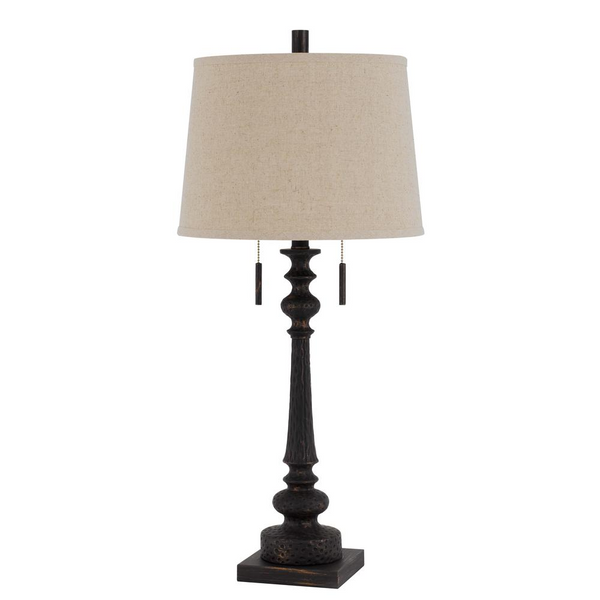 60W x 2 Torrington resin table lamp with pull chain switch and hardback linen shade
