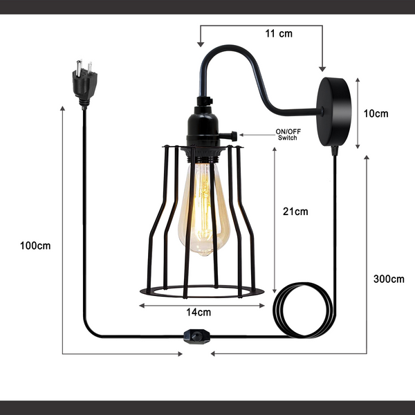 Black Metal Plug in Wall Lamp Gooseneck Wall Sconce Wire Cage 4m Wire with dimmer switch~1539
