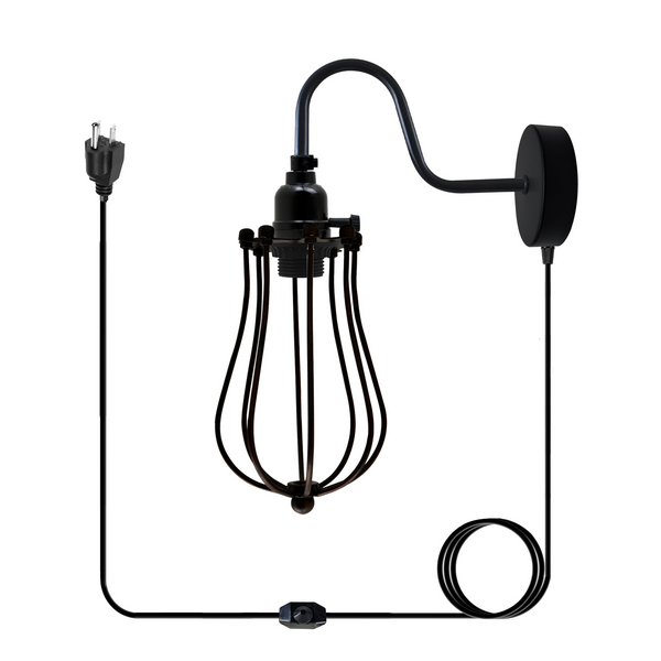 Black Metal Plug in Gooseneck Wall Sconce Wire Cage 4m Wire with dimmer switch~1541
