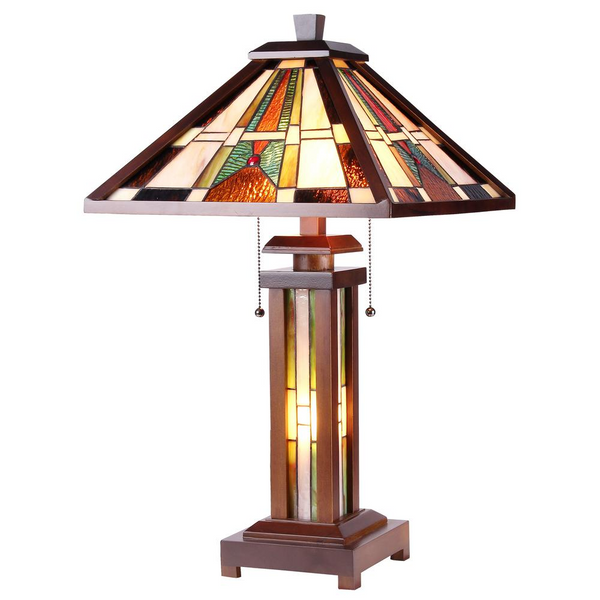 PERCIVAL Tiffany-style Mission 3 Light Double Lit Wooden Table Lamp 15
