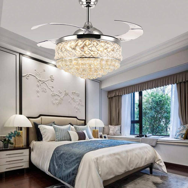 42 inch Silver Heart-Shaped Crystal LED Invisible Fan Light with Remote Control Adjustable Lighting Wind Speed Fan Chandelier Simply Light Fixtures 