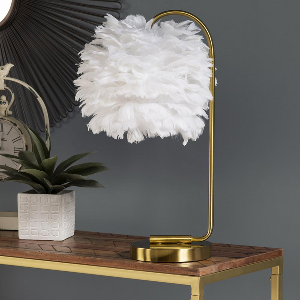 20In White And Gold Metal Table Lamp With Faux Feather Shade