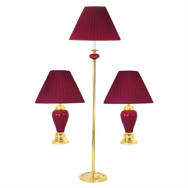 Ceramic/Brass Table And Floor Lamp Set of 3 In Burgundy