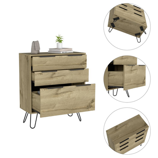 DEPOT E-SHOP Saffron Dresser- Three Drawers, Countertop, Four Steel Legs-Light Oak, For Bedroom
