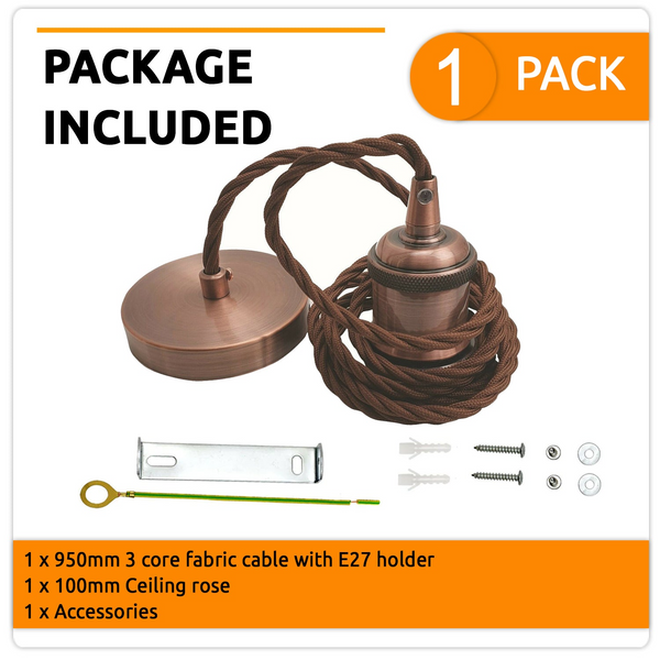 Vintage Copper Metal Ceiling Fitting BrownTwisted Braided Flex 2m E27 Lamp Holder Pendant Light~3822