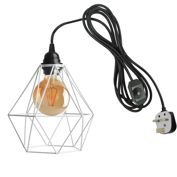 4m Black Dimmer Switch Plug In Pendant Lamp Light With White Cage~1869