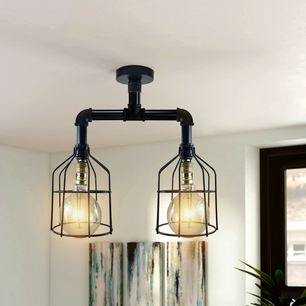 Industrial B22 Vintage Ceiling Lights Metal Pipe Retro Loft Ceiling and Cage Lamps~3667