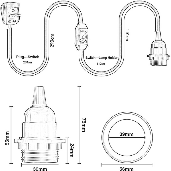 4M Fabric Flex Cable UK Black & white colour Plug In Pendant Lamp Light Set E27 Bulb Holder+ switch~3751