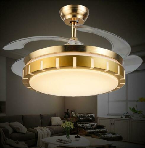 Gold Ceiling Fans 3-Color LED Light Chandelier Lamp with Remote Control Invisible Acrylic Fan Blades Retractable Chandelier - Simply Light Fixtures