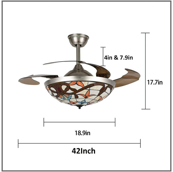 42inch Retro Tiffany Ceiling Fan Light Remote Control Invisible Chandelier Fan with Retractable Blades 3 Color Change LED Fandelier - Simply Light Fixtures
