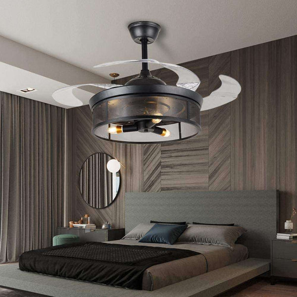 42inch Black Rustic Retractable Blade Ceiling Fan Chandelier with Remote Vintage Cage Fandelier Industrial LED Light Fixture - Simply Light Fixtures