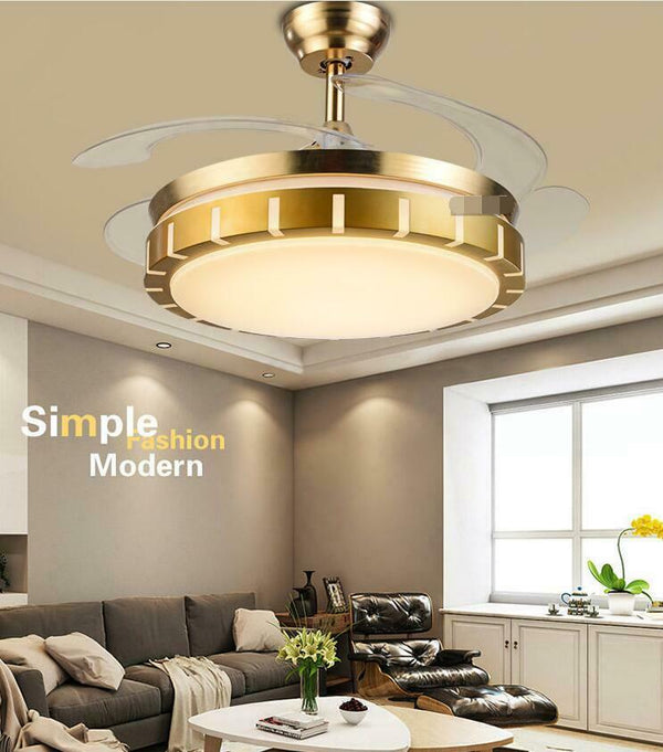 Gold Ceiling Fans 3-Color LED Light Chandelier Lamp with Remote Control Invisible Acrylic Fan Blades Retractable Chandelier - Simply Light Fixtures