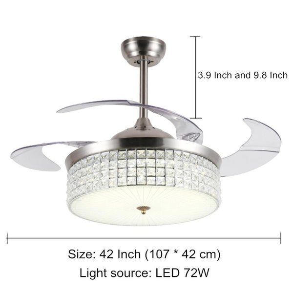 Retractable Crystal Ceiling Fan Light Lamp LED Silver Chandelier Remote Control LED Light Kit Invisible Ceiling Fan Light - Simply Light Fixtures
