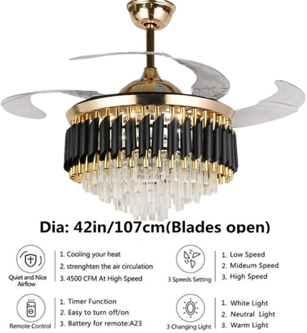 42 Inch Invisible Crystal Ceiling Fans with Lights, Retractable LED Ceiling Fan Chandelier with Remote Control - Simply Light Fixtures