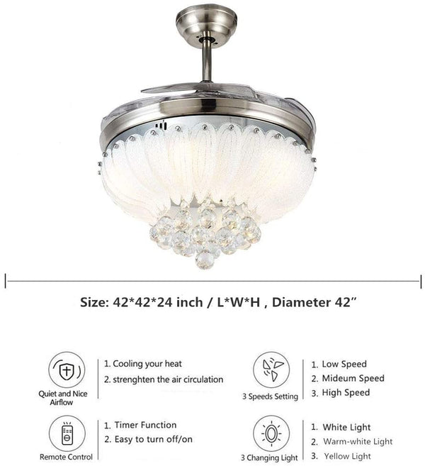42Inch Crystal Ceiling Fans Lights Invisible Retractable Blades Remote Dimmable Chandelier Silent Motor LED Lighting Fixture - Simply Light Fixtures