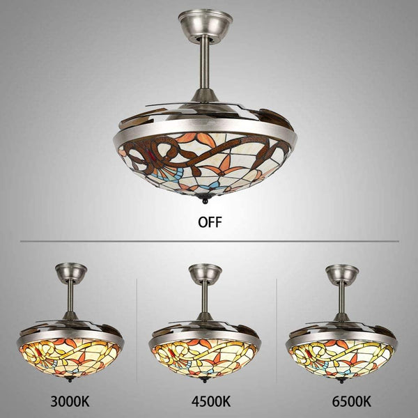 42inch Retro Tiffany Ceiling Fan Light Remote Control Invisible Chandelier Fan with Retractable Blades 3 Color Change LED Fandelier - Simply Light Fixtures