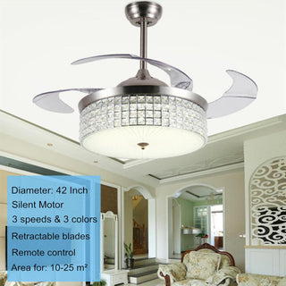 Retractable Crystal Ceiling Fan Light Lamp LED Silver Chandelier Remote Control LED Light Kit Invisible Ceiling Fan Light - Simply Light Fixtures