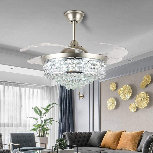 Crystal Ceiling Fans with Lights, Modern Chandelier Lighting Fans Invisible Retractable Blade, 3 Color Change - Simply Light Fixtures