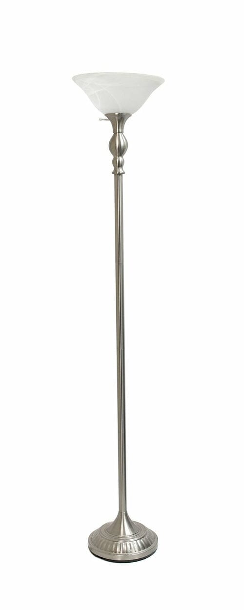 Lalia Home Classic 1 Light Torchiere Floor Lamp with Marbleized Glass Automotive Brown Castor Brushed Nickel/ White Shade 