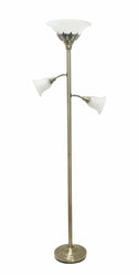 Lalia Home Torchiere Floor Lamp with 2 Reading Lights and Scalloped Automotive Brown Castor Antique Brass/White Shades 