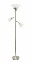 Lalia Home Torchiere Floor Lamp with 2 Reading Lights and Scalloped Automotive Brown Castor Brushed Nickel/White Shades 