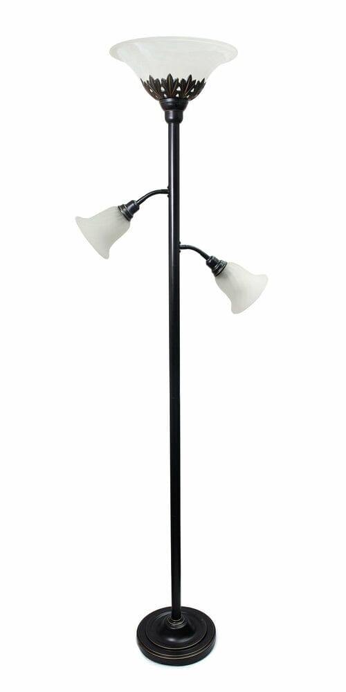 Lalia Home Torchiere Floor Lamp with 2 Reading Lights and Scalloped Automotive Brown Castor Restoration Bronze/White Shades 