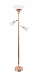 Lalia Home Torchiere Floor Lamp with 2 Reading Lights and Scalloped Automotive Brown Castor Rose Gold/White Shades 