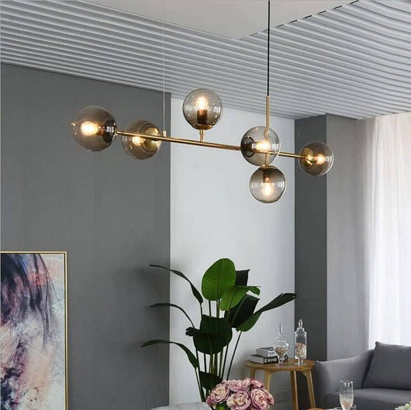 Modern Modo Chandelier Linear Ceiling Pendant Lighting with 6-Light Glass Globes, Mid Century Adjustable Hanging Ceiling Light Simply Light Fixtures 